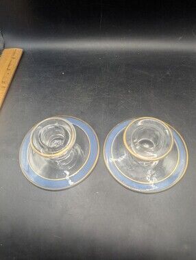 Vintage Elegant Blue and Gold Glass Candle Holders Reverse Painted